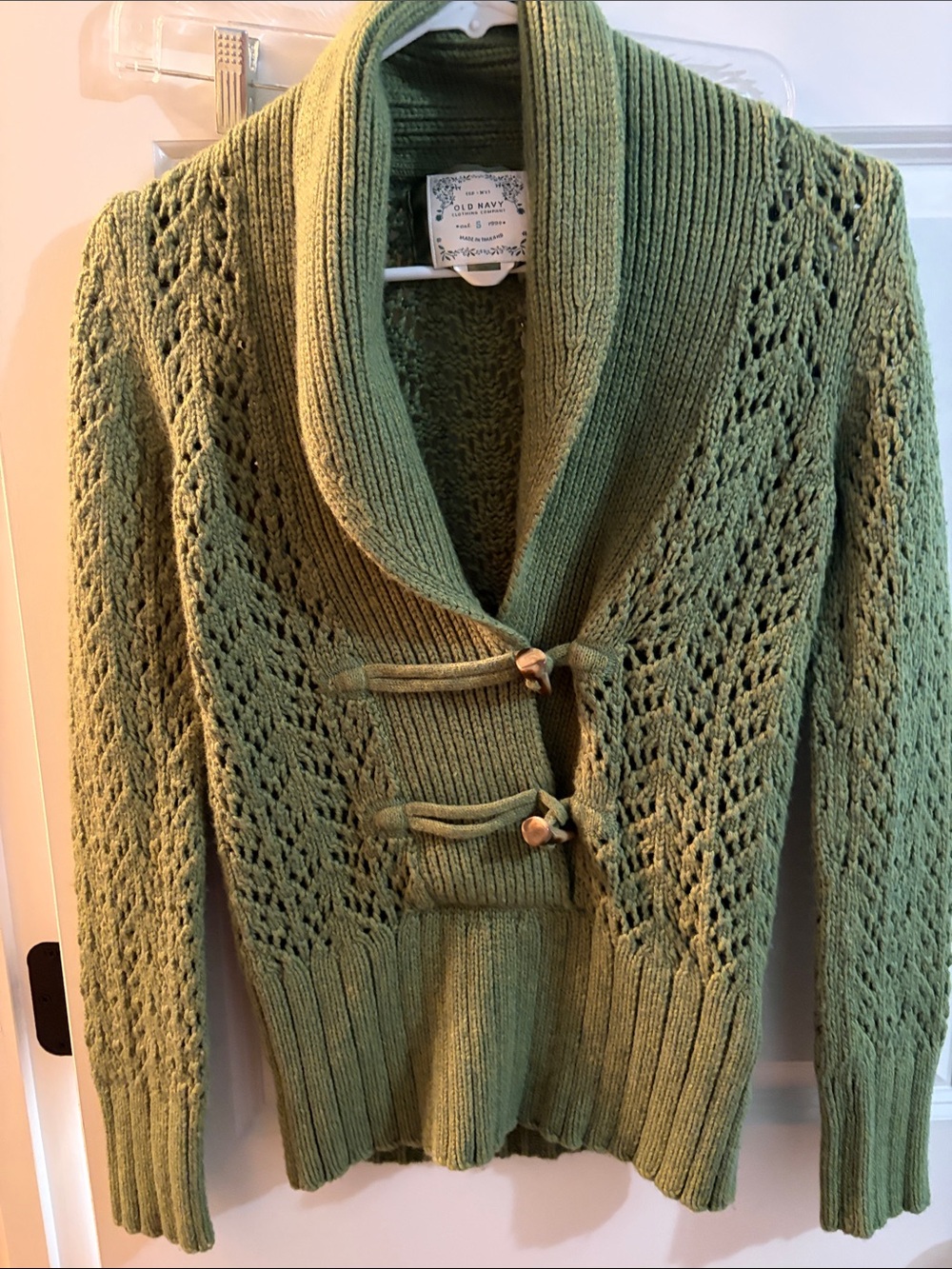 Vintage Old Navy Olive Green Knit Shawl-Collar Cardigan with Toggle Fastenings